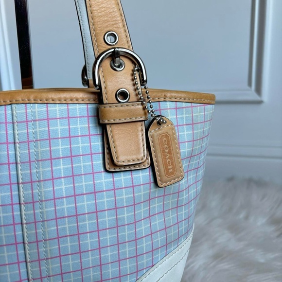 Coach Plaid Tattersall Blue Mini Tote Bag with Leather Handles - Picture 3 of 8